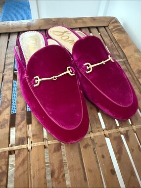 Sam Edelman Fuchsia Velvet Backless Loafers with Gold Hardware